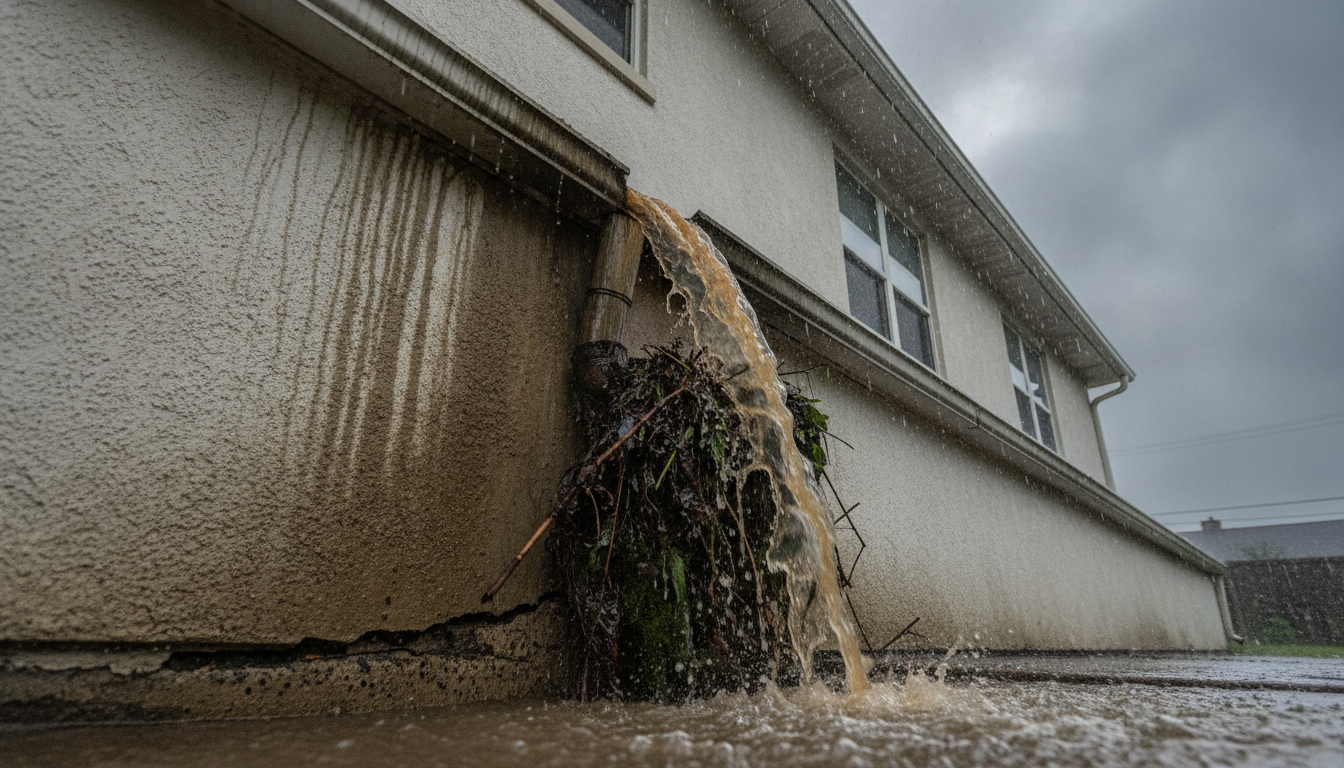豪雨時のみ雨漏りする原因その3:雨樋の劣化、排水口の詰まり