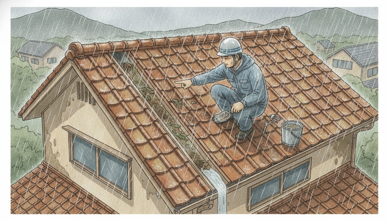 豪雨時に雨漏りしやすい箇所：内樋のある屋根